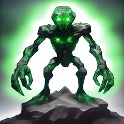 A full-body image of a skinny earth elemental made of rocks, with two green eyes, wielding a hammer with both hands