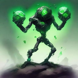 A full-body image of a skinny earth elemental made of rocks, with two green eyes, wielding a hammer with both hands