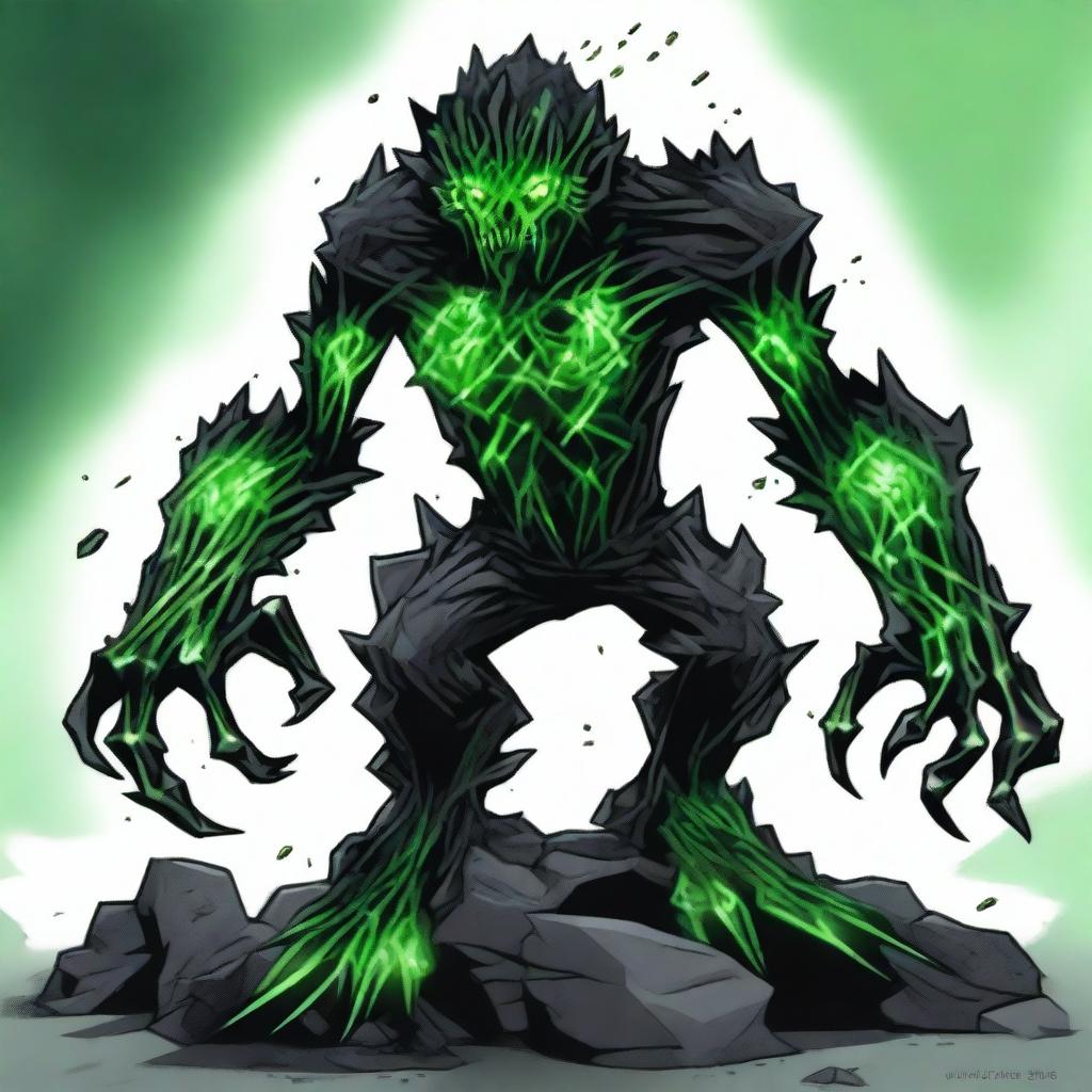 A full-body image of a skinny earth elemental monster made of black rock with two green eyes