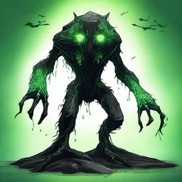 A full-body image of a skinny earth elemental monster made of black rock with two green eyes