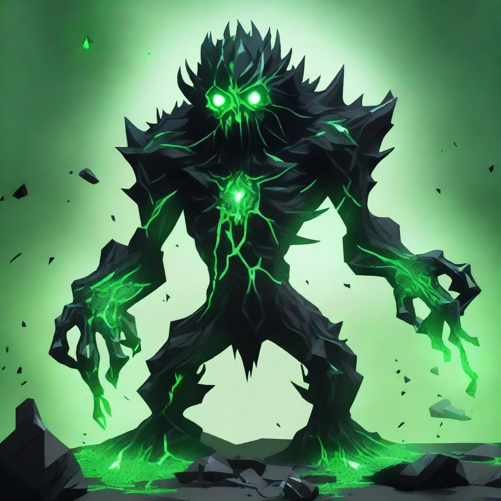 A full-body image of a skinny earth elemental monster made of black rock with two green eyes