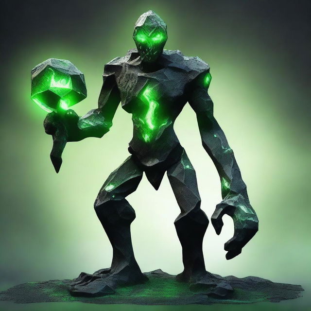 A full-body image of a skinny earth elemental made of black rocks with two green eyes wielding a hammer with both hands