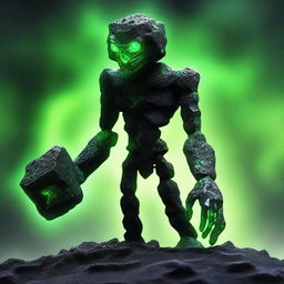 A full-body image of a skinny earth elemental made of black rocks with two green eyes wielding a hammer with both hands