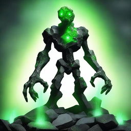 A full-body image of a skinny earth elemental made of black rocks with two green eyes wielding a hammer with both hands