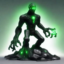 A full-body image of a skinny earth elemental made of black rocks with two green eyes wielding a hammer with both hands