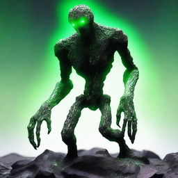 A full-body image of a skinny earth elemental made of black rocks with two green eyes