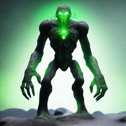 A full-body image of a skinny earth elemental made of black rocks with two green eyes