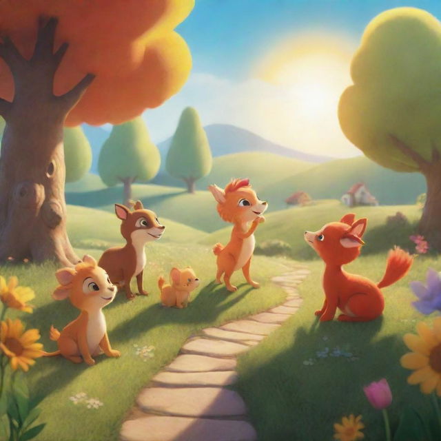 A brilliant scene from 'BrightBabyTales'. Picture an animated, sunny landscape where enchanting characters engulf themselves in outdoor storytelling. Let there be vivid colors, magical creatures, and a radiant sun to cast a warm glow.