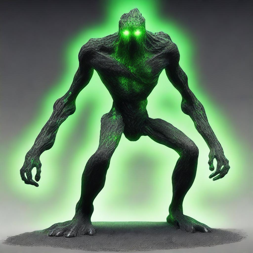 A full-body image of a skinny earth elemental made of black rocks with two green eyes