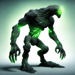 A full-body image of a skinny earth elemental made of black rocks with two green eyes