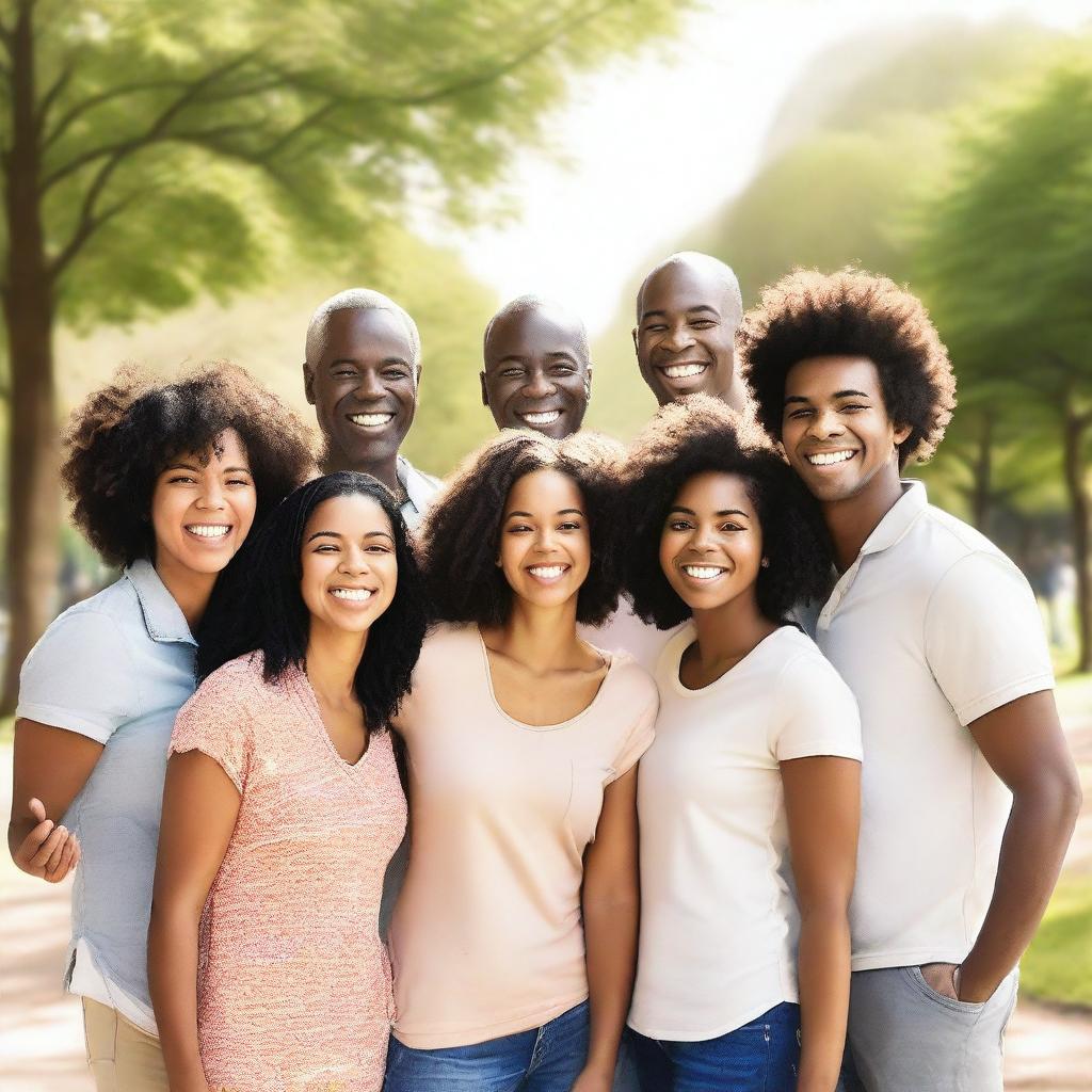 Create an image of a group of diverse people standing together, smiling and enjoying each other's company