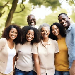 Create an image of a group of diverse people standing together, smiling and enjoying each other's company