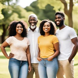 Create an image of a group of diverse people standing together, smiling and enjoying each other's company