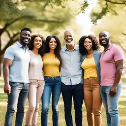 Create an image of a group of diverse people standing together, smiling and enjoying each other's company