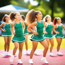 A vibrant and energetic scene at a cheer camp, with young cheerleaders practicing their routines in a sunny outdoor setting