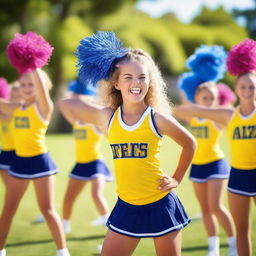 A vibrant and energetic scene at a cheer camp, with young cheerleaders practicing their routines in a sunny outdoor setting