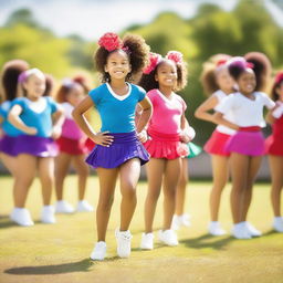 A vibrant and energetic scene at a cheer camp, with young cheerleaders practicing their routines in a sunny outdoor setting