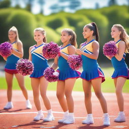 A vibrant and energetic scene at a cheer camp, with young cheerleaders practicing their routines in a sunny outdoor setting
