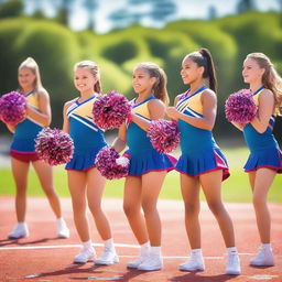 A vibrant and energetic scene at a cheer camp, with young cheerleaders practicing their routines in a sunny outdoor setting