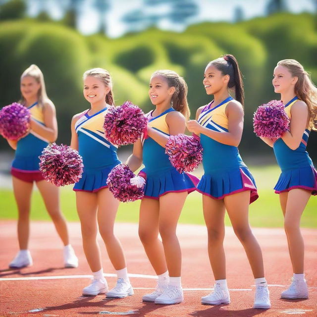 A vibrant and energetic scene at a cheer camp, with young cheerleaders practicing their routines in a sunny outdoor setting