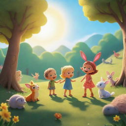 A brilliant scene from 'BrightBabyTales'. Picture an animated, sunny landscape where enchanting characters engulf themselves in outdoor storytelling. Let there be vivid colors, magical creatures, and a radiant sun to cast a warm glow.