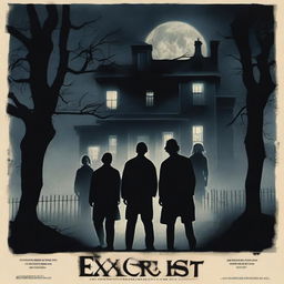 A horror movie poster inspired by 'The Exorcist' featuring four people in the middle