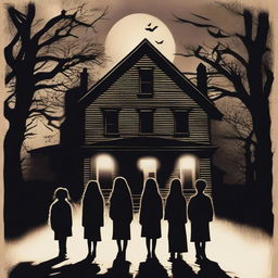 A horror movie poster inspired by 'The Exorcist' featuring one girl and three boys in the middle