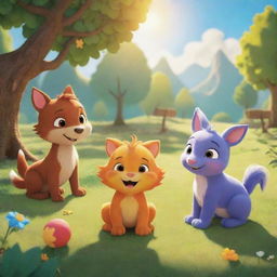 A brilliant scene from 'BrightBabyTales'. Picture an animated, sunny landscape where enchanting characters engulf themselves in outdoor storytelling. Let there be vivid colors, magical creatures, and a radiant sun to cast a warm glow.