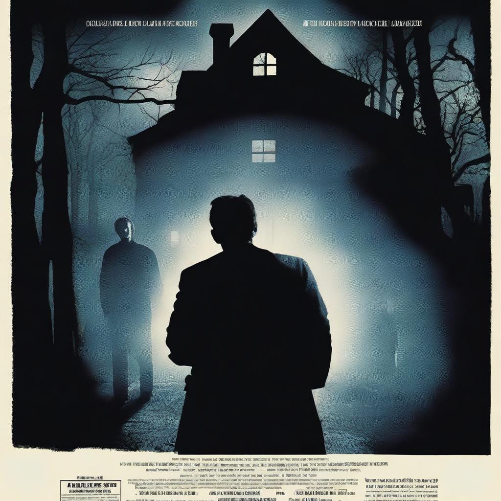 A horror movie poster inspired by 'The Exorcist' featuring one woman and three men in the middle, all looking directly at the camera