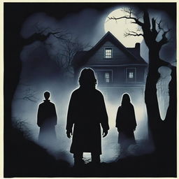 A horror movie poster inspired by 'The Exorcist' featuring one woman and three men in the middle, all looking directly at the camera