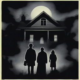 A horror movie poster inspired by 'The Exorcist' featuring one woman and three men in the middle, all looking directly at the camera