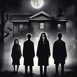 A horror movie poster inspired by 'The Exorcist' featuring one woman and three men in the middle, all looking directly at the camera