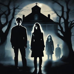 A horror movie poster inspired by 'The Exorcist' featuring one woman and three men in the middle, all looking directly at the camera