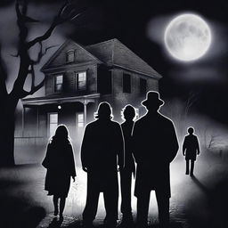 A horror movie poster inspired by 'The Exorcist' featuring one woman and three men in the middle, all looking directly at the camera