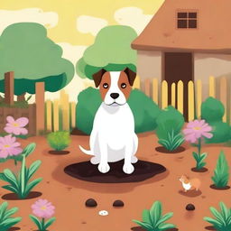 A humorous and quirky image depicting a garden with a small animal, such as a dog or a cat, looking guilty next to a patch of disturbed soil