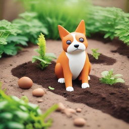 A humorous and quirky image depicting a garden with a small animal, such as a dog or a cat, looking guilty next to a patch of disturbed soil