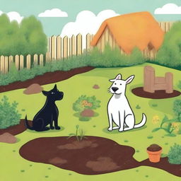 A humorous and quirky image depicting a garden with a small animal, such as a dog or a cat, looking guilty next to a patch of disturbed soil