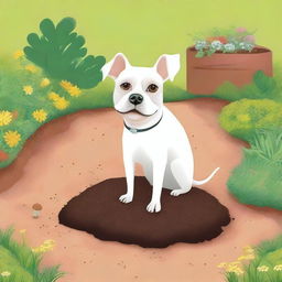 A humorous and quirky image depicting a garden with a small animal, such as a dog or a cat, looking guilty next to a patch of disturbed soil