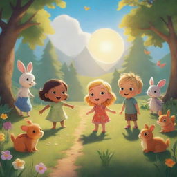 A brilliant scene from 'BrightBabyTales'. Picture an animated, sunny landscape where enchanting characters engulf themselves in outdoor storytelling. Let there be vivid colors, magical creatures, and a radiant sun to cast a warm glow.