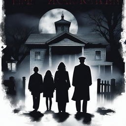 A horror movie poster inspired by 'The Exorcist' featuring four people in the middle, all looking directly at the camera