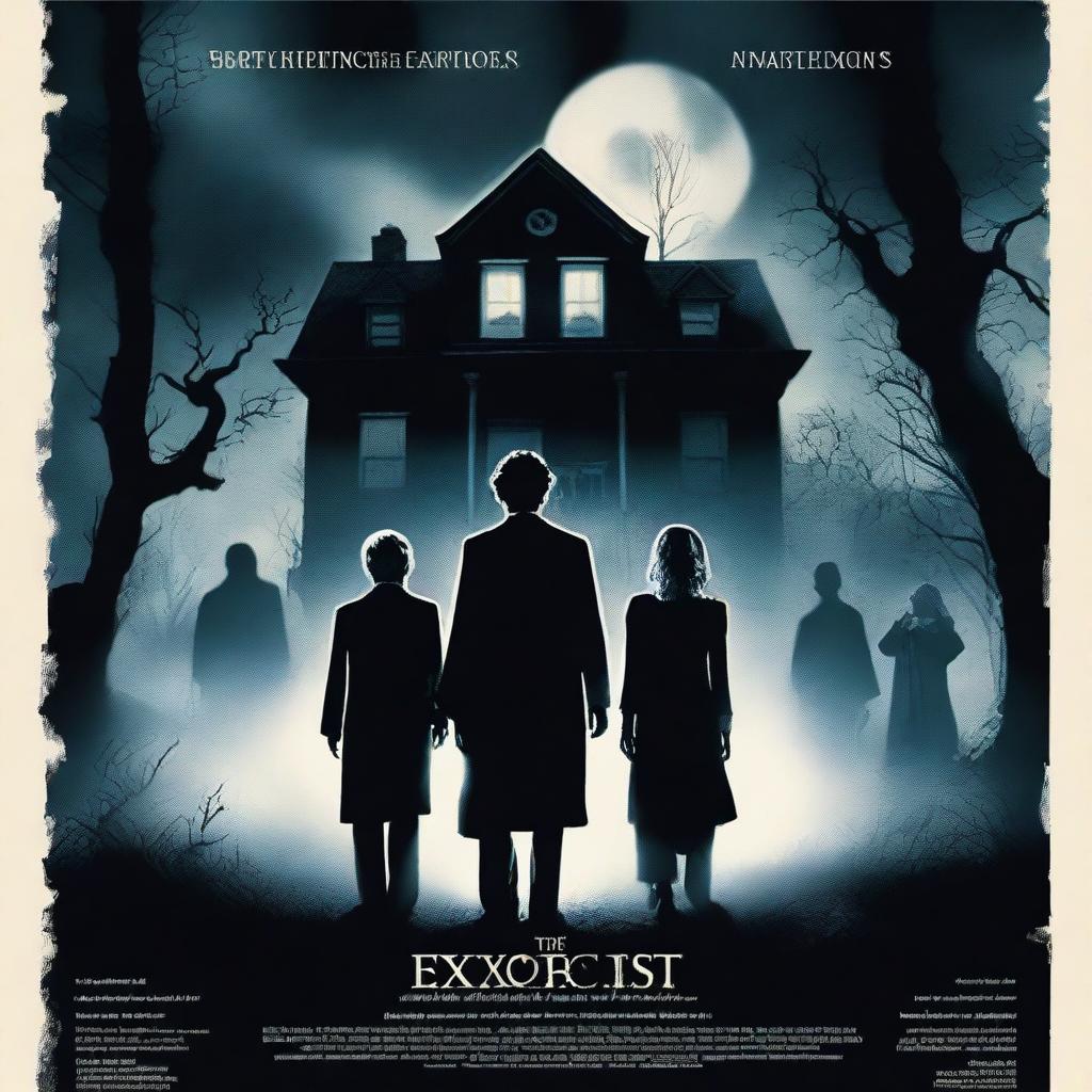 A horror movie poster inspired by 'The Exorcist' featuring four people in the middle, all looking directly at the camera