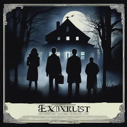 A horror movie poster inspired by 'The Exorcist' featuring four people in the middle, all looking directly at the camera