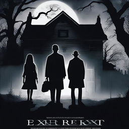 A horror movie poster inspired by 'The Exorcist' featuring four people in the middle, all looking directly at the camera