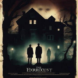 A horror movie poster inspired by 'The Exorcist' featuring four people in the middle, all looking directly at the camera