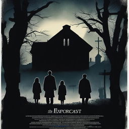 A horror movie poster inspired by 'The Exorcist' featuring four people in the middle, all looking directly at the camera