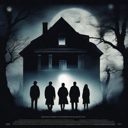 A horror movie poster inspired by 'The Exorcist' featuring four people in the middle, all looking directly at the camera