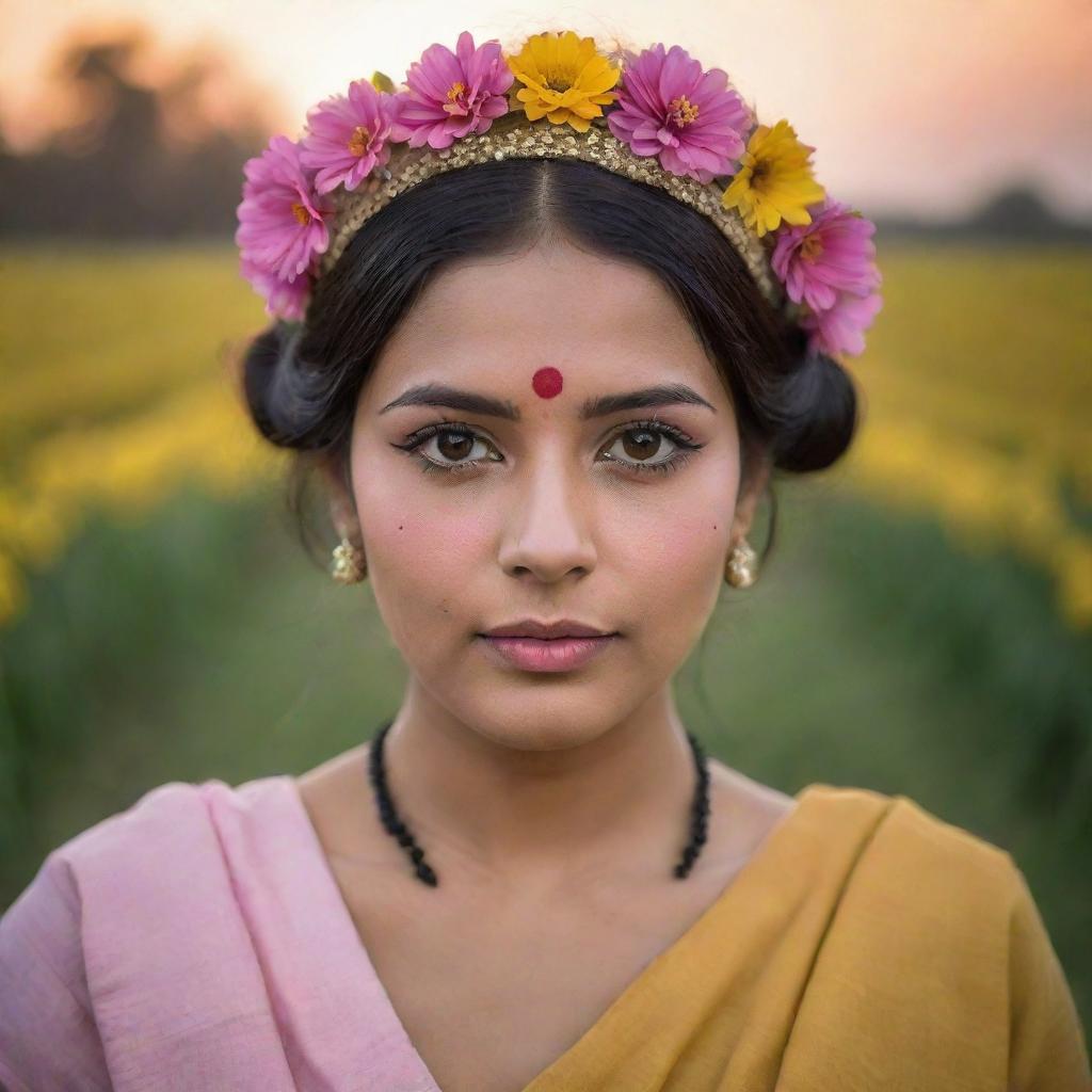 A hyper-realistic image of a beautiful woman with brown eyes and black hair adorned with a flower hair band, sporting a bindi and pink lips, dressed in a traditional Bengali cultural dress standing in a mustard field with a moody sunset creating a depth of field in the background.