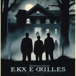 A horror movie poster inspired by 'The Exorcist' featuring four adults in the middle, all looking directly at the camera