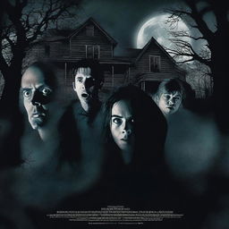 A horror movie poster featuring four adults in the middle, all looking directly at the camera with expressions of fear and tension