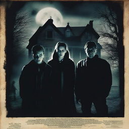 A horror movie poster featuring four adults in the middle, all looking directly at the camera with expressions of fear and tension